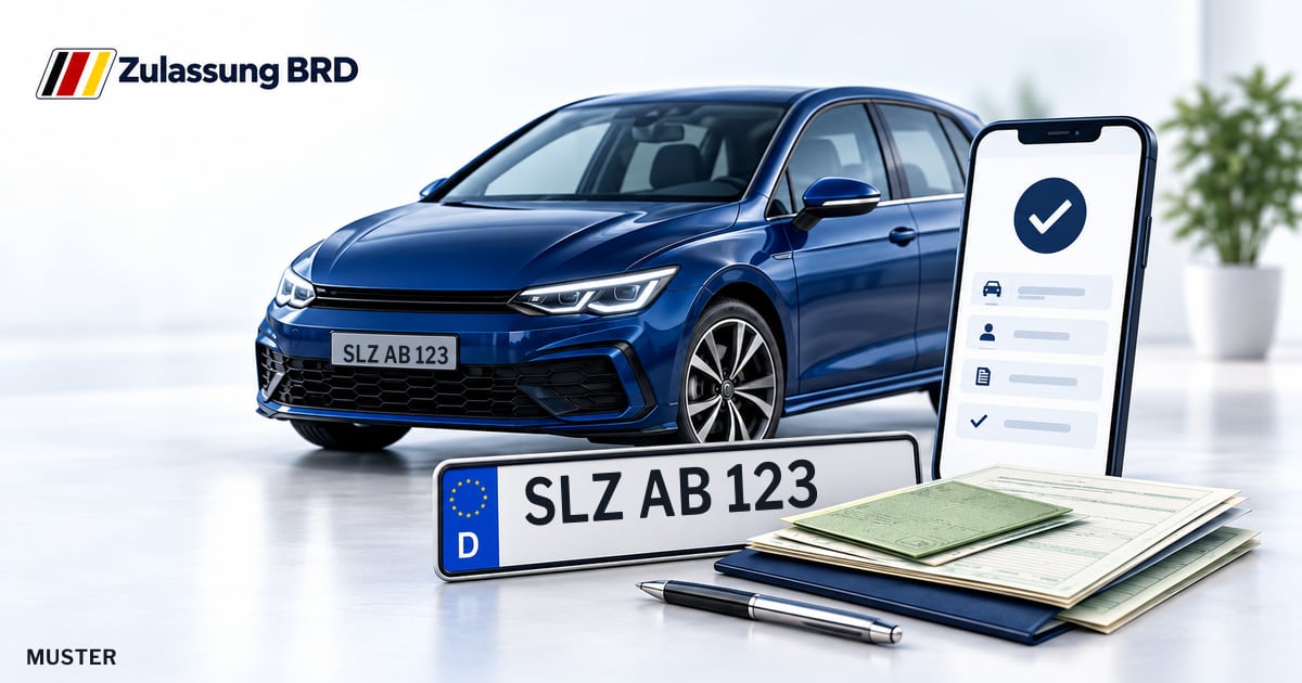 Online Fahrzeugzulassung in Bad Salzungen: Musterkennzeichen SLZ AB 123, Auto und Fahrzeugpapiere und Smartphone. Illustration mit Logo von Zulassung BRD.